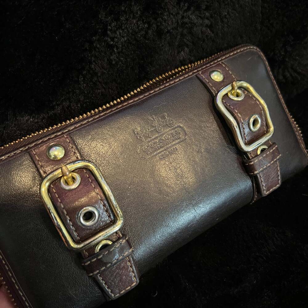 Coach Zoe Legacy Double Buckle Leather Zip Around Wallet Chocolate Brown